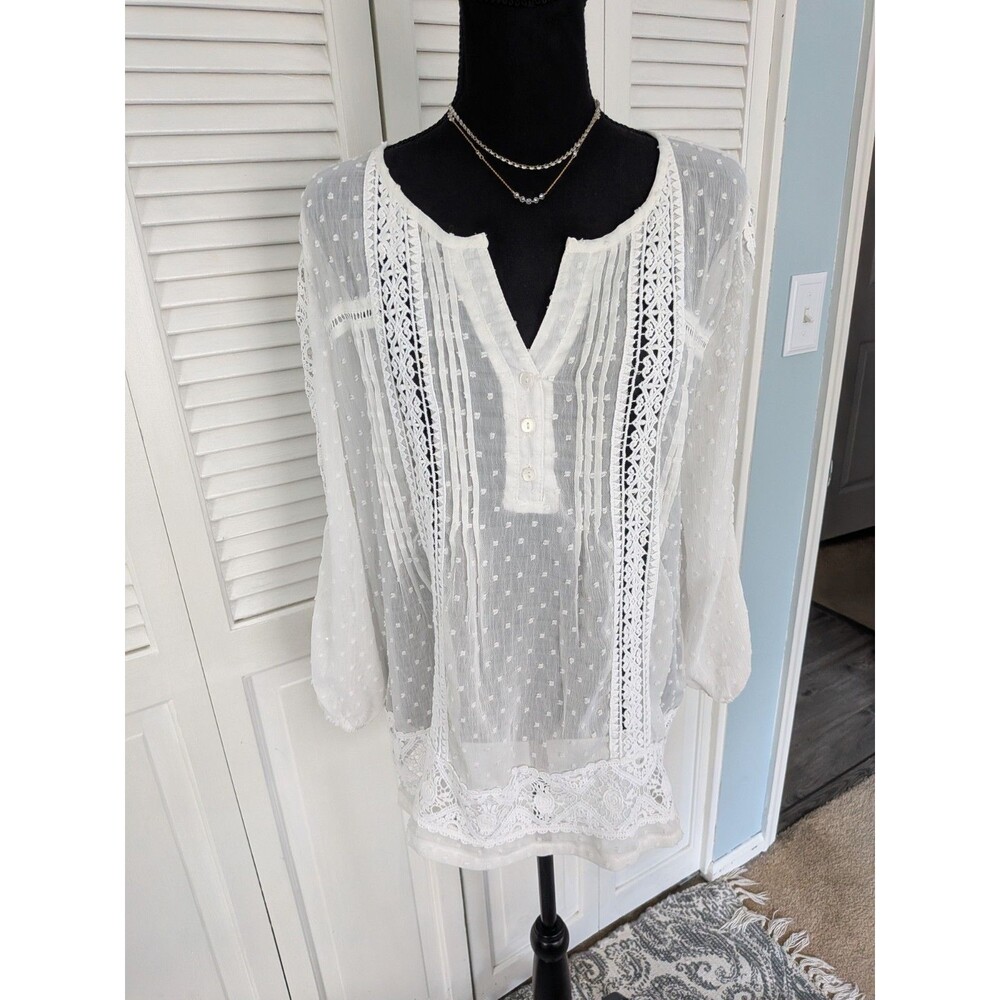 Solitaire by Ravi Khusla Blouse Women's L White Embroidered Boho Swiss Dot Lace